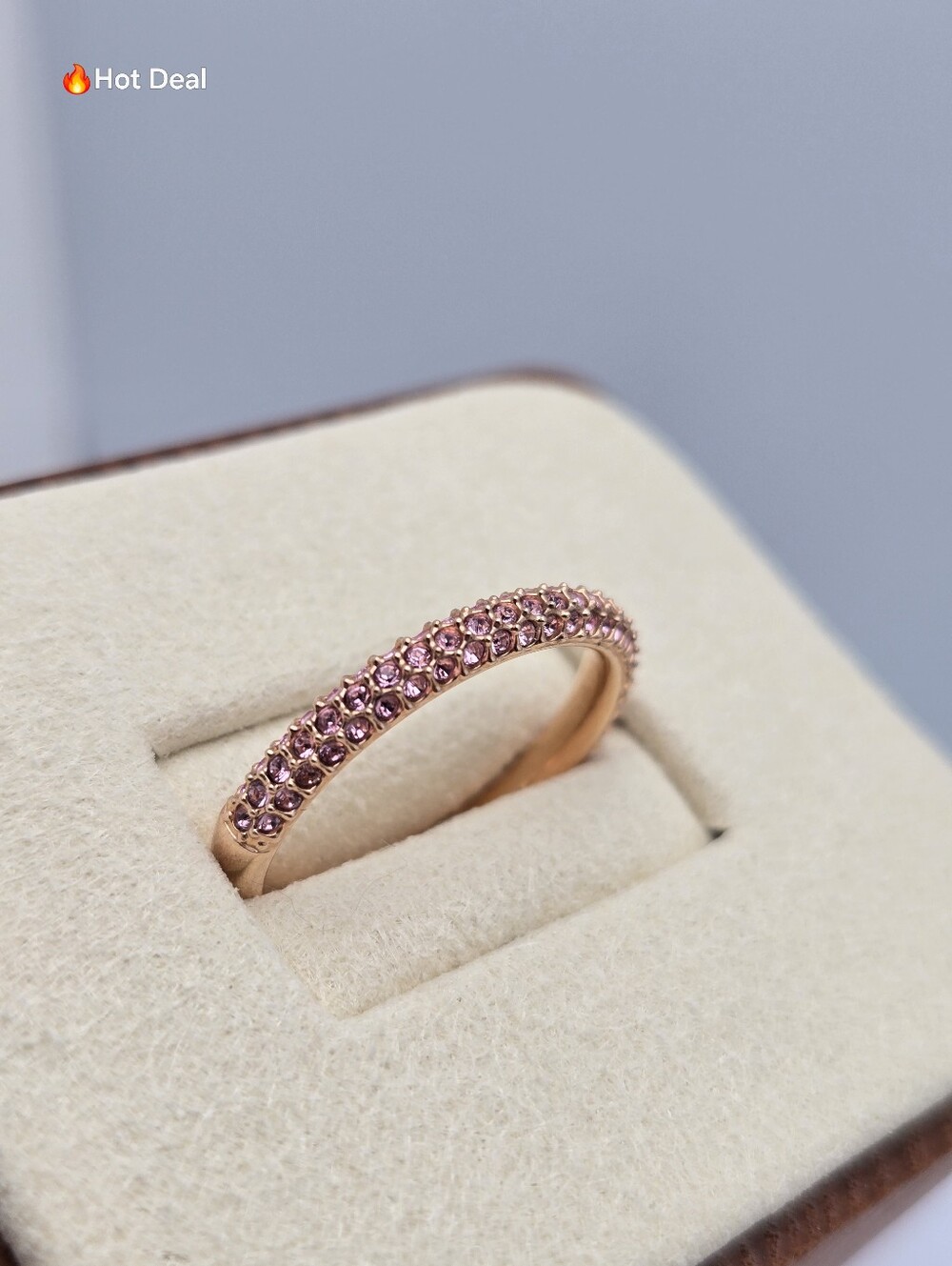Swarovski Stone Pavé Ring Rose Gold Tone Pink Crystal Size 8 Marked 58